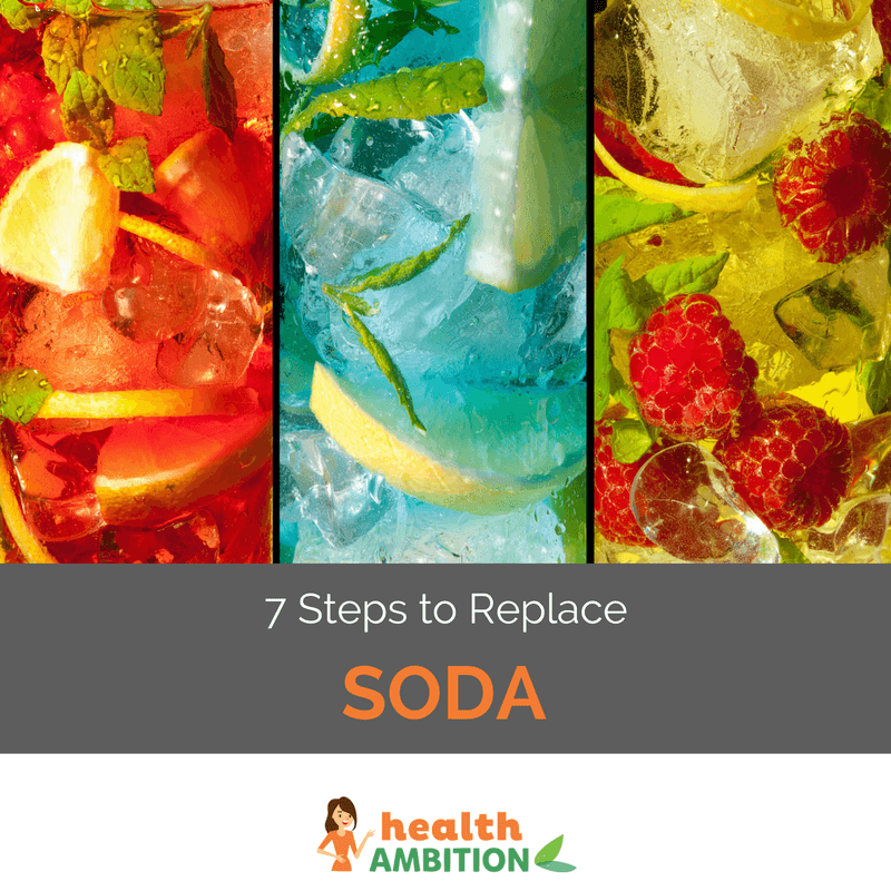 Bright red, blue, and yellow drinks with ice and fruits with the caption "7 Steps to Replace Soda."