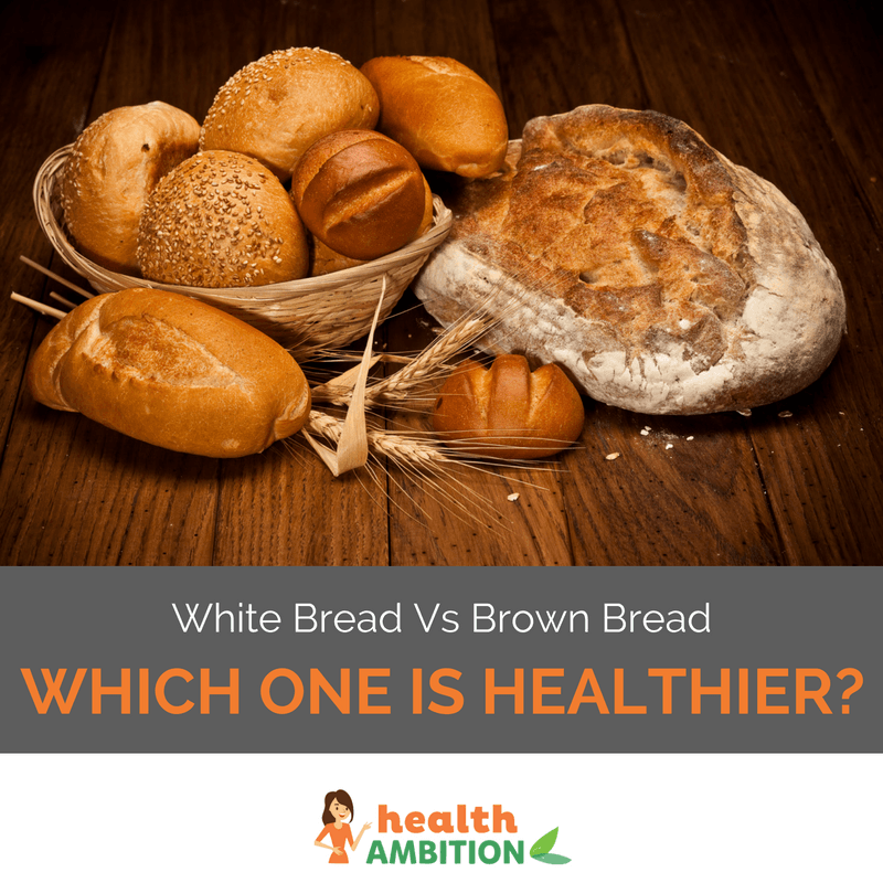 Breads and buns in a bowl and on a wooden surface with the caption "White Bread Vs Brown Bread - Which One is Healthier."