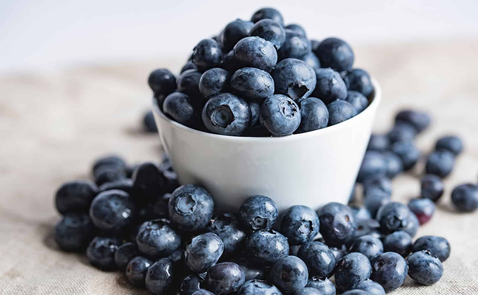 Blueberries in a small white bowl, surrounded by blueberries.