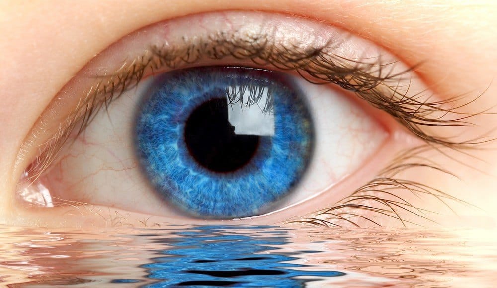 A human eye with a body of water in front of it.
