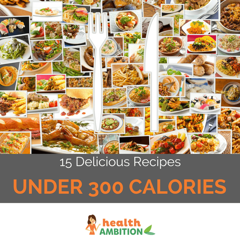 Dozens of recipes with a fork and knife and the title "15 Delicious Recipes Under 300 Calories."