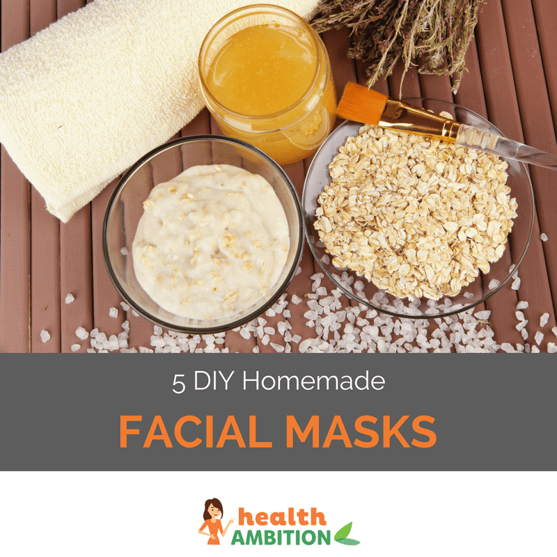 Bowls of oatmeal, porridge, and a bottle of honey with the title "5 DIY Homemade Facial Masks."