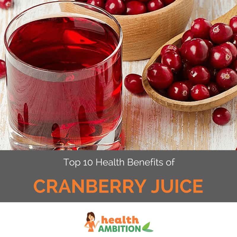 A glass of cranberry juice with a spoonful of cranberries with the title "Top 10 Health Benefits of Cranberry Juice."