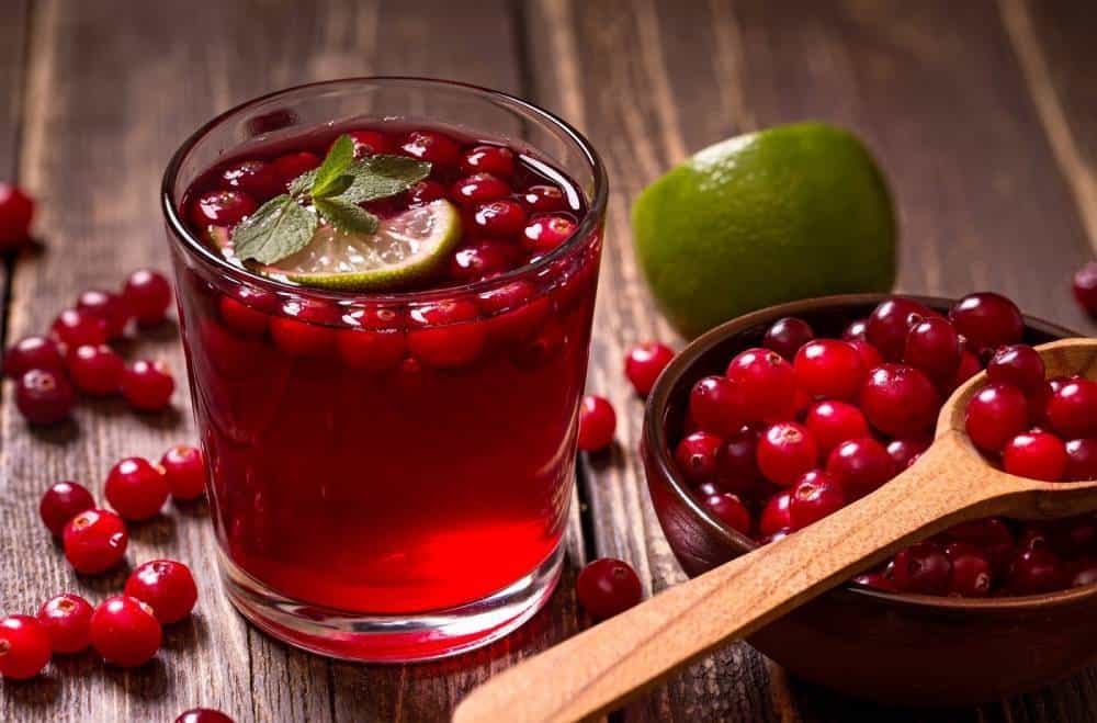 A glass of cranberry juice with a bowl of cranberries.