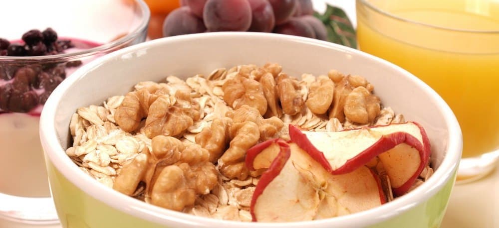 A bowl of healthy muesli with nuts and dried fruit