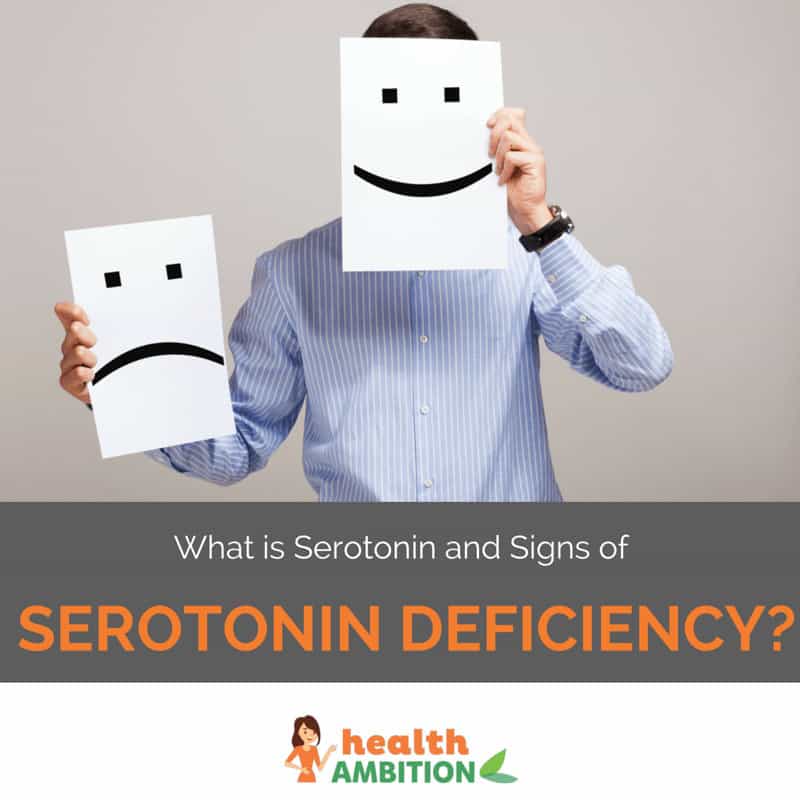 A man holding a sad and happy smiley face with the title "What is Serotonin and Signs of Serotonin Deficiency?"