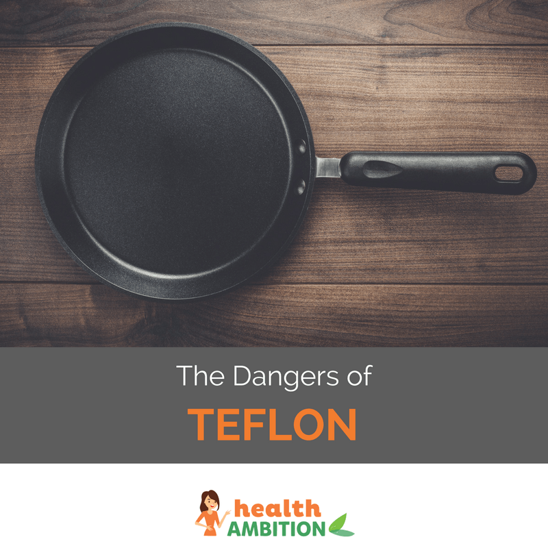 A frying pan from a top-down perspective with the title "The Dangers of Teflon."