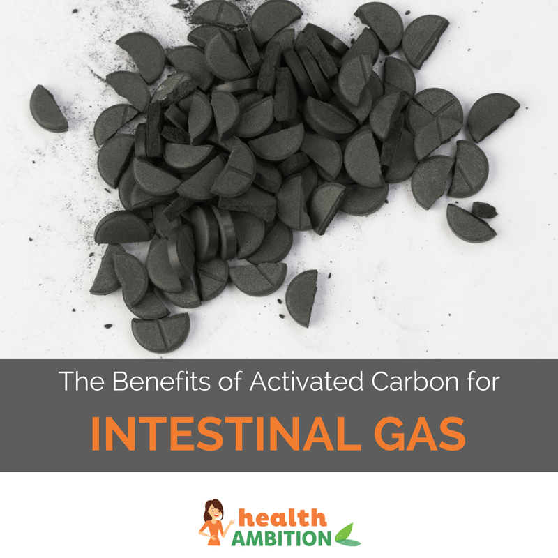 A pile of broken-up charcoal tablets with the title "The Benefits of Activated Carbon for Intestinal Gas."