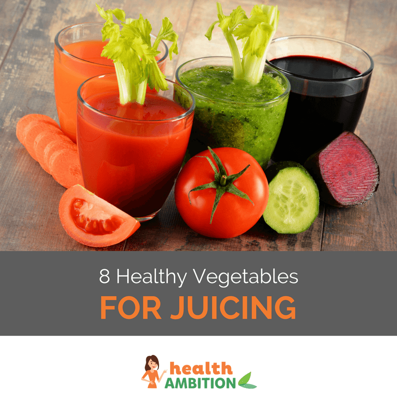 Glasses of vegetable juice surrounded by vegatables like a slice of tomato, beetroot and a carrot; the title says "8 Healthy Vegetables for Juicing."