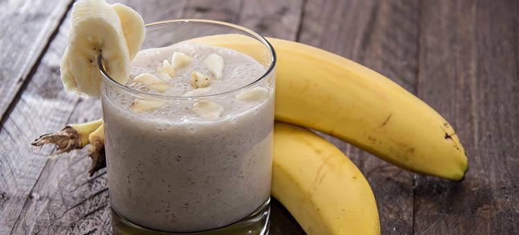 A glass of peanut butter-banana smoothie.
