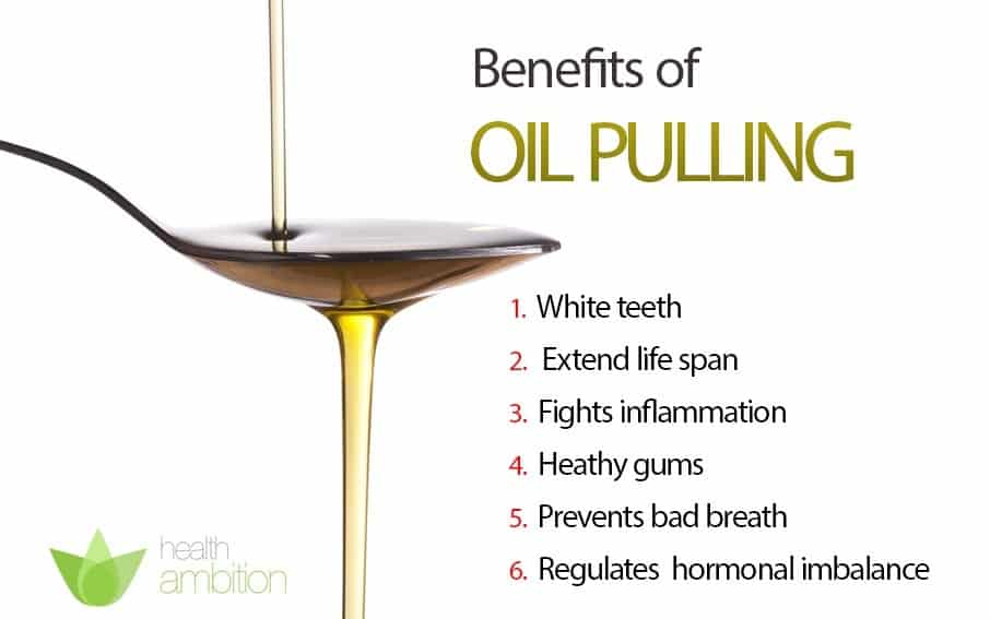 An image of a spoonful of oil titled Benefits of Oil Pulling.