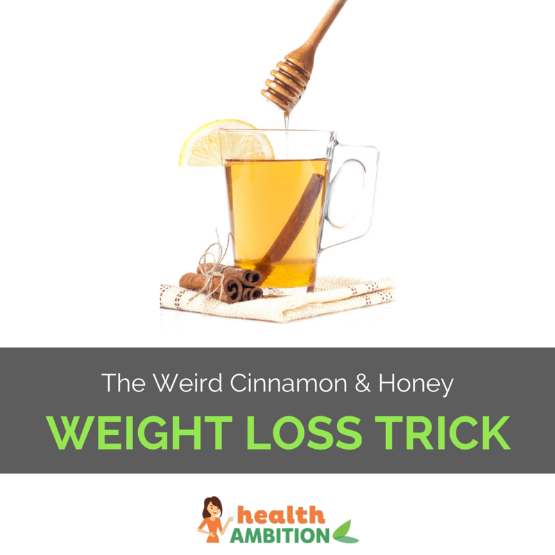 A glass of tea and honey and cinnamon sticks with the title "The Weird Cinnamon & Honey Weight Loss Trick."