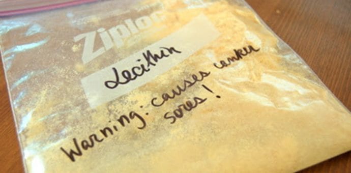A bag of Lecithin with a handwritten warning.
