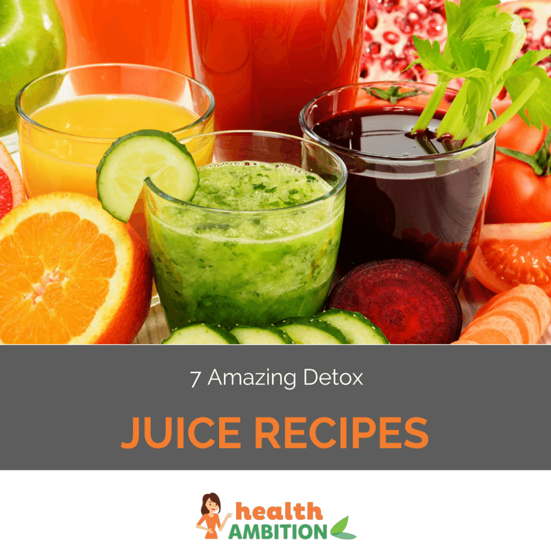 Glasses of various juices surrounded by fruit and vegetables with the title "7 Amazing Detox Juice Recipes."