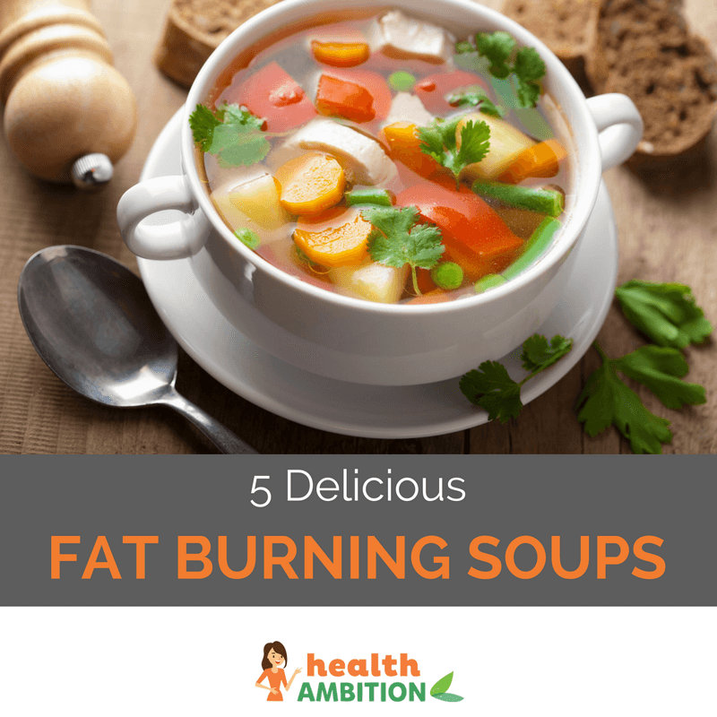 A cuop of tastefully presented vegetable soup with the title "5 Delicious Fat Burning Soups."