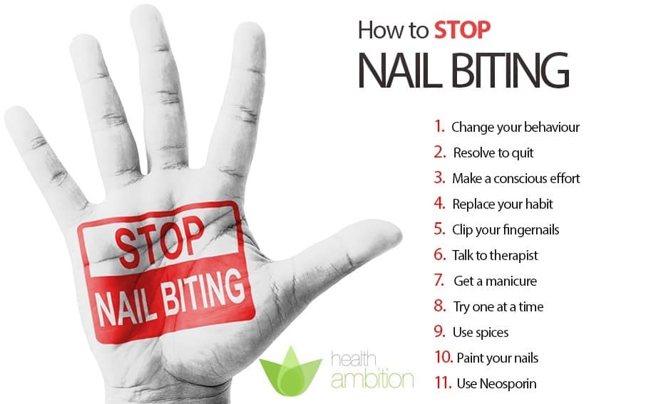 An image with a hand and a list of ways to stop nail biting.
