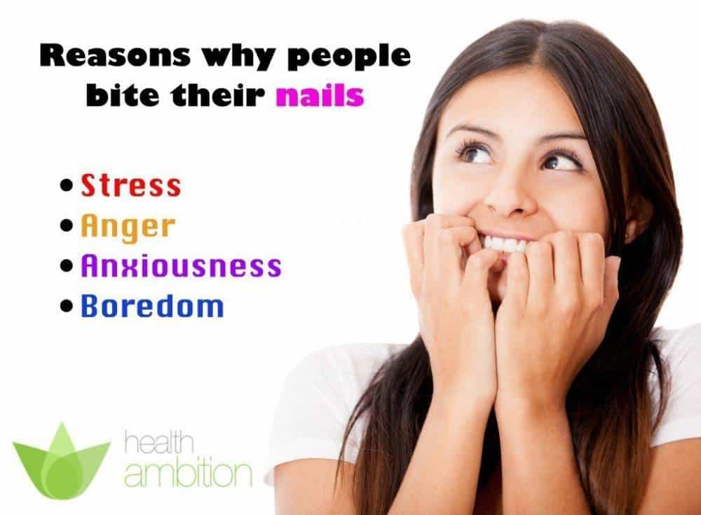 An image of a giddy person biting her nails with a list of reasons for nail biting.
