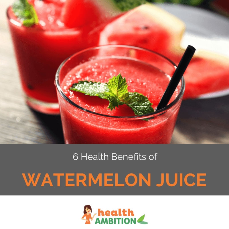 Glasses of watermelon juice decorated with a mint leaf with the title "6 Health Benefits of Watermelon Juice"