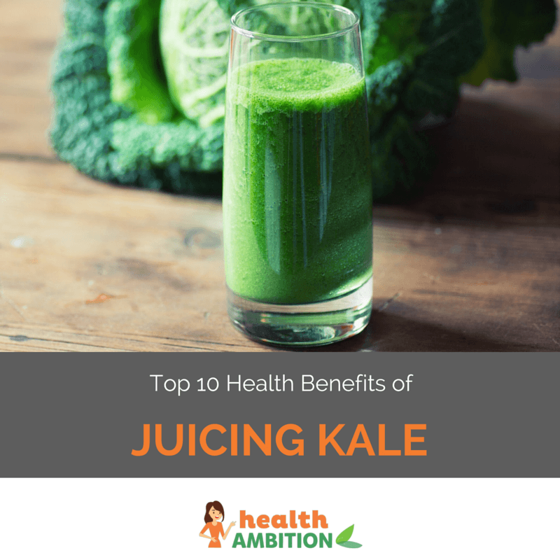 A glass of kale juice with the title "Top 10 Health Benefits of Juicing Kale."