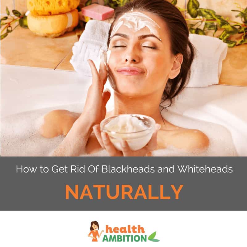 A woman applying a face mask with the title "How to Get Rid Of Blackheads and Whiteheads Naturally"