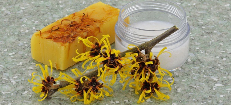 Witch hazel flower, soap, and cream.