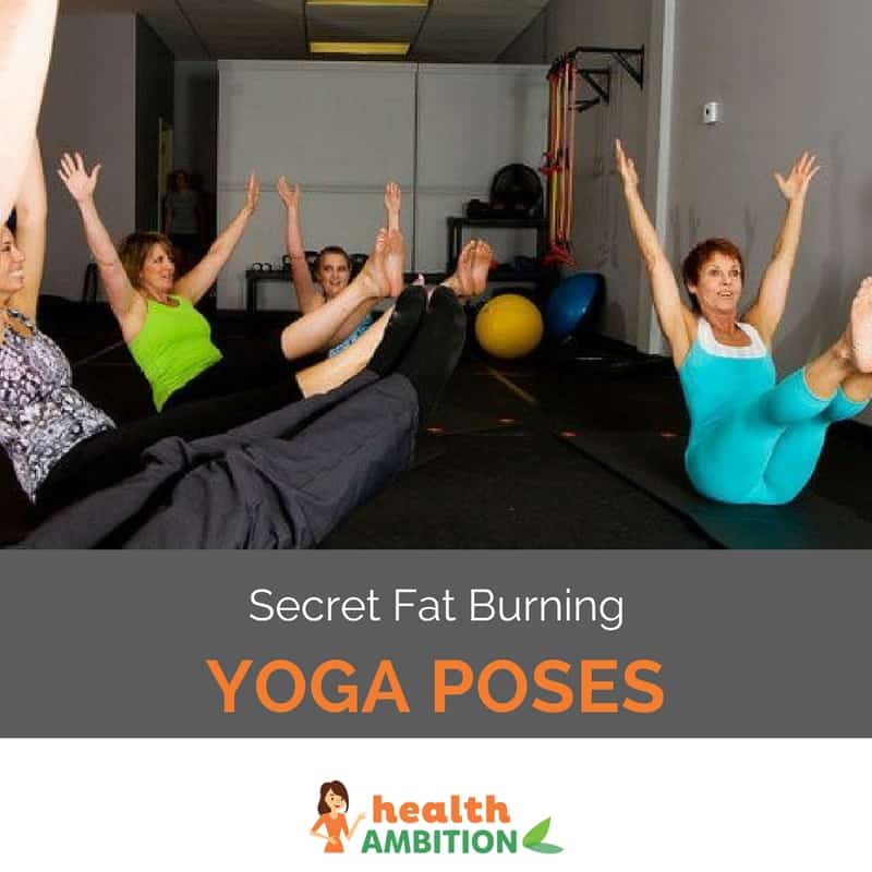 Older women performing yoga exercises in a gym with the title "Secret Fat Burning Yoga Poses"