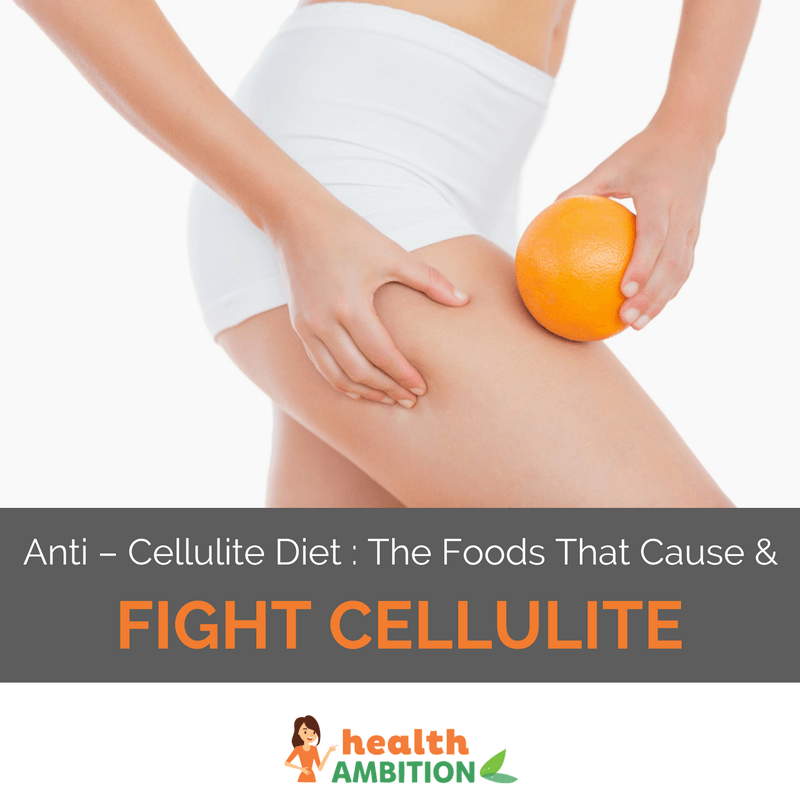 A woman pinching her thigh with and orange with the title "Anti – Cellulite Diet : The Foods That Cause & Fight Cellulite"