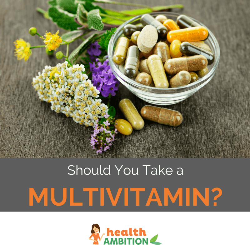 Multivitamin supplement capsules in a cup with the title "Should You Take a Multivitamin? "