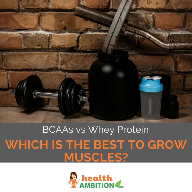 Protein powder and dumbbell and a protein shaker with the title "BCAAs vs Whey Protein, Which is The Best to Grow Muscles?"