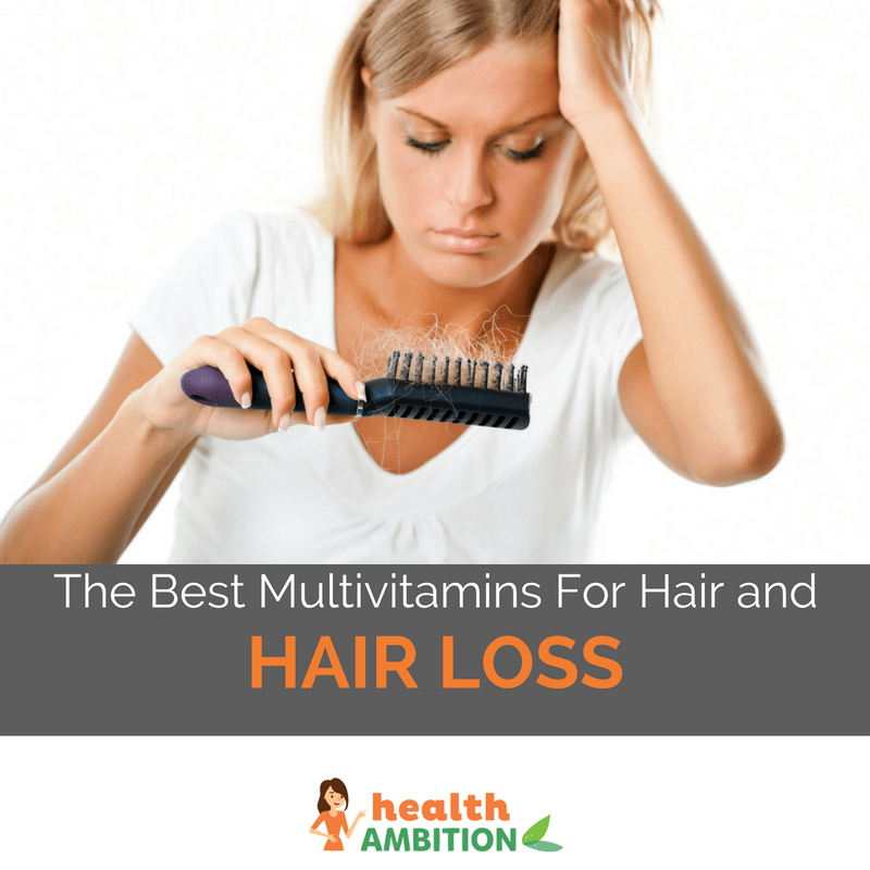 A frustrated woman looking at her hair in a brush with the title "The Best Multivitamins For Hair and Hair Loss"