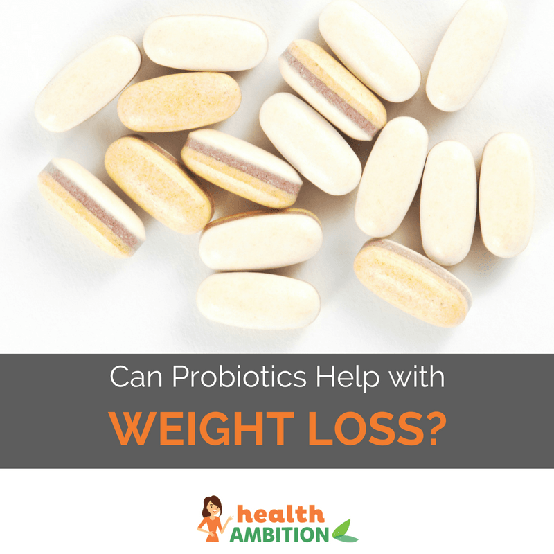 Probiotic pills with the title "Can Probiotics Help with Weight Loss?"