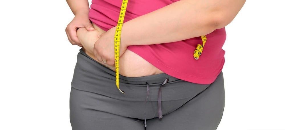 An obese person pinching her waist.