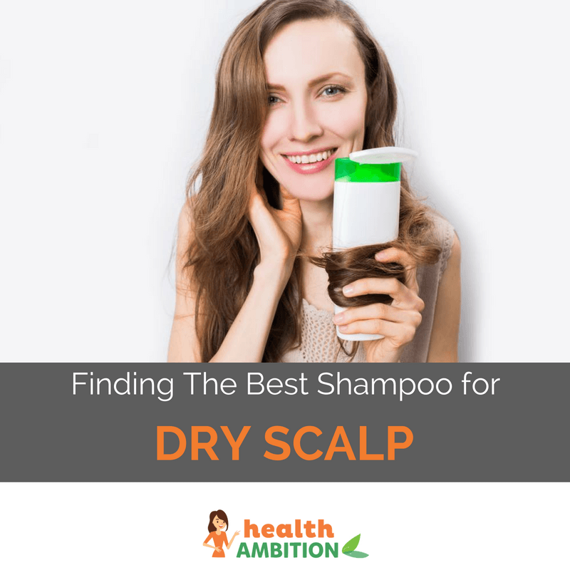 A woman holding a shampoo tied with her hair with the title "Finding The Best Shampoo for Dry Scalp"