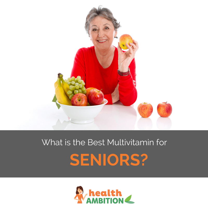 An old woman holding fruit with the title "What is the Best Multivitamin for Seniors?"
