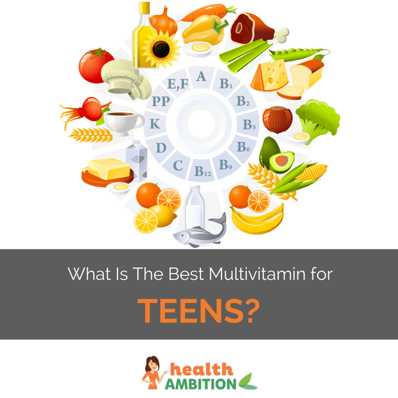 A cycle of vitamins with their food sources with the title "what is the Best Multivitamin for Teens"