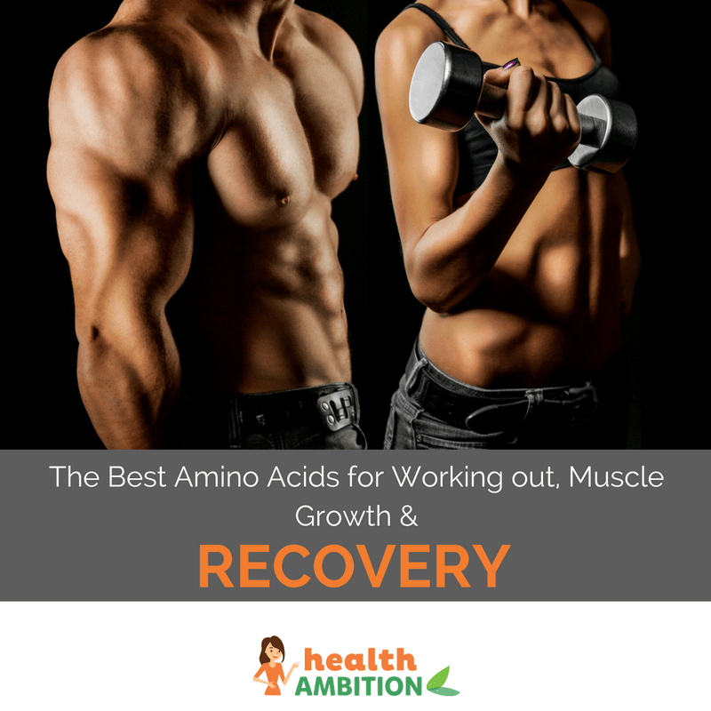 Male and female muscular bodies with the title "The Best Amino Acids for Working out, Muscle Growth and Recovery"
