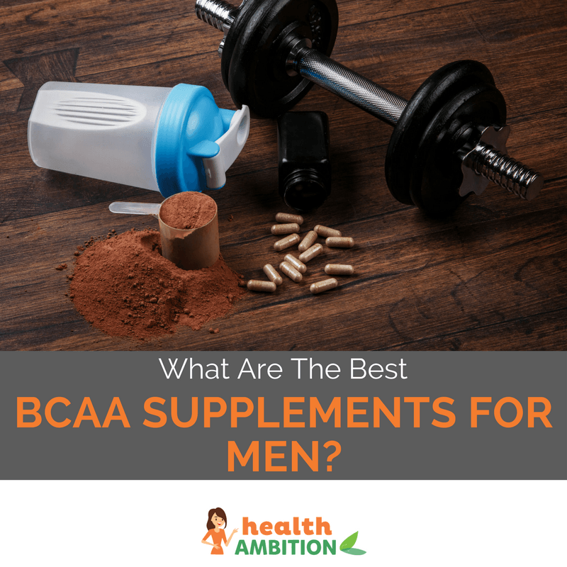 A dumbbell with protein powder and a shaker with the title "What Are The Best BCAA Supplements For Men?"