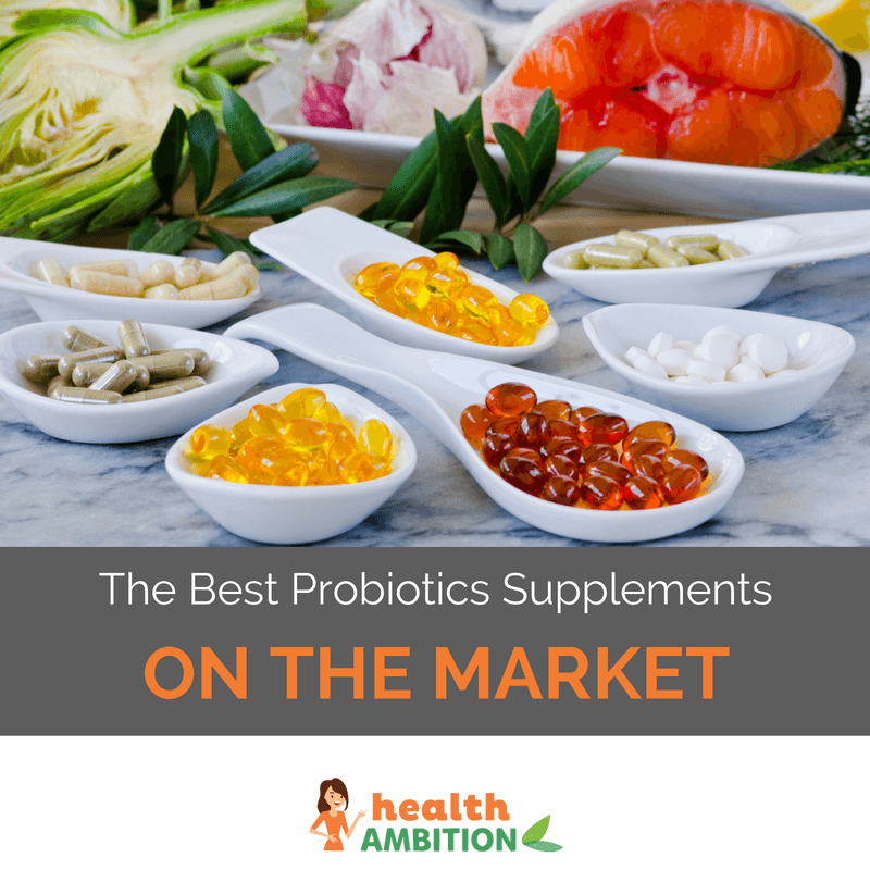Spoonfuls of probiotic capsules and supplements with the title "The Best Probiotics Supplements on The Market?"