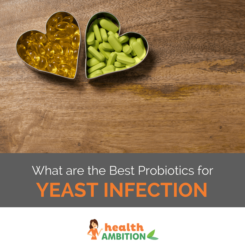 Heart-shaped containers with capsules and tablets in them "What are the Best Probiotics for Yeast Infection?"