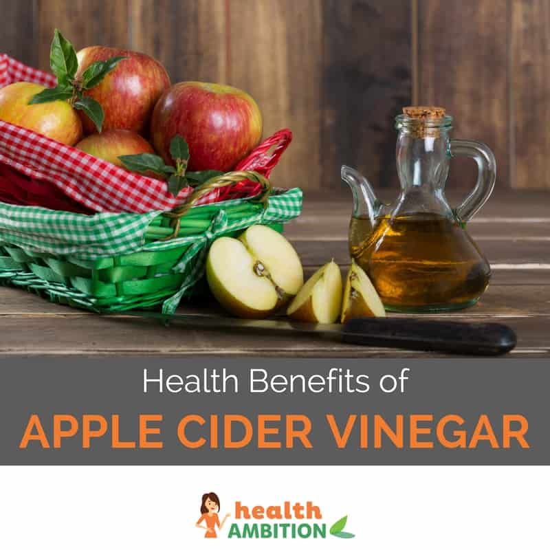 Apples and apple cider vinegar with the title "Health Benefits of Apple Cider Vinegar"