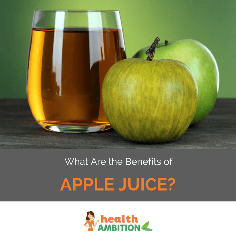 Glass of apple juice next to apple with the title "What Are the Benefits of Apple Juice?"