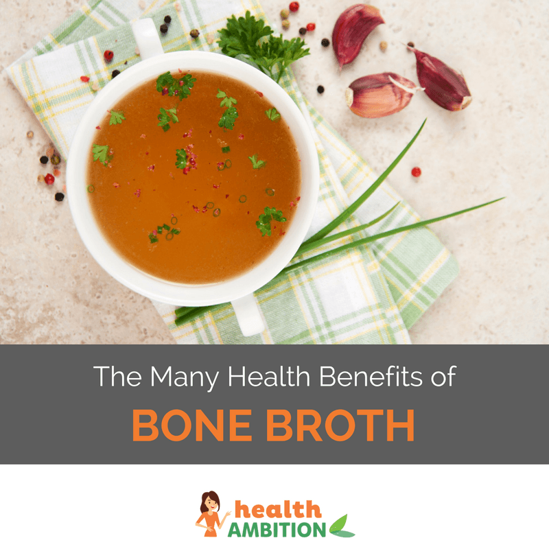 A bowl of bone broth with the title "The Many Health Benefits of Bone Broth"