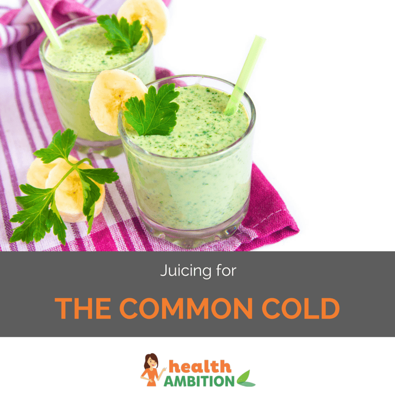 A glass of green juice with the title "Juicing for the common cold"