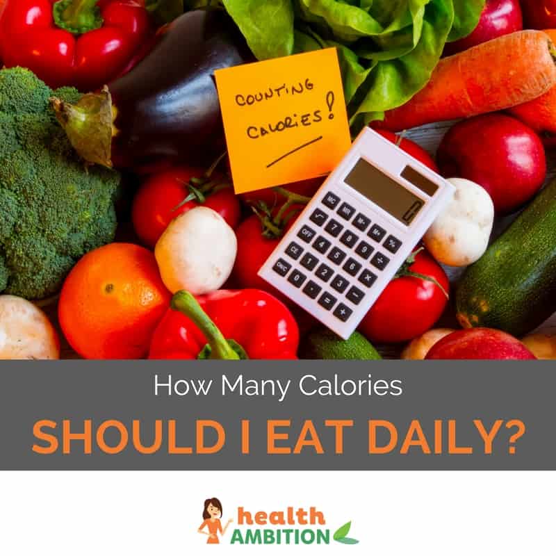 A calculator with vegetables with the title "How Many Calories Should I Eat Daily"