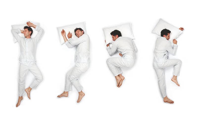 Man in pajamas, in four different sleeping position looking for the best to sleep in